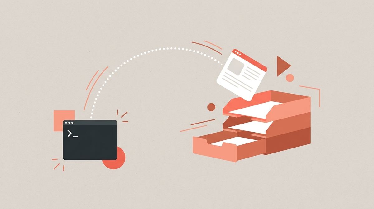 Illustration of a terminal window hurling a webpage along a dotted arc into a paper tray.